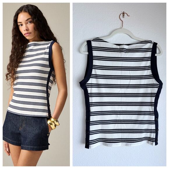 NWT J.Crew Women's Premium Rib Side-Button Tank Top in Ivory & Navy Stripe Sz M - Picture 1 of 13